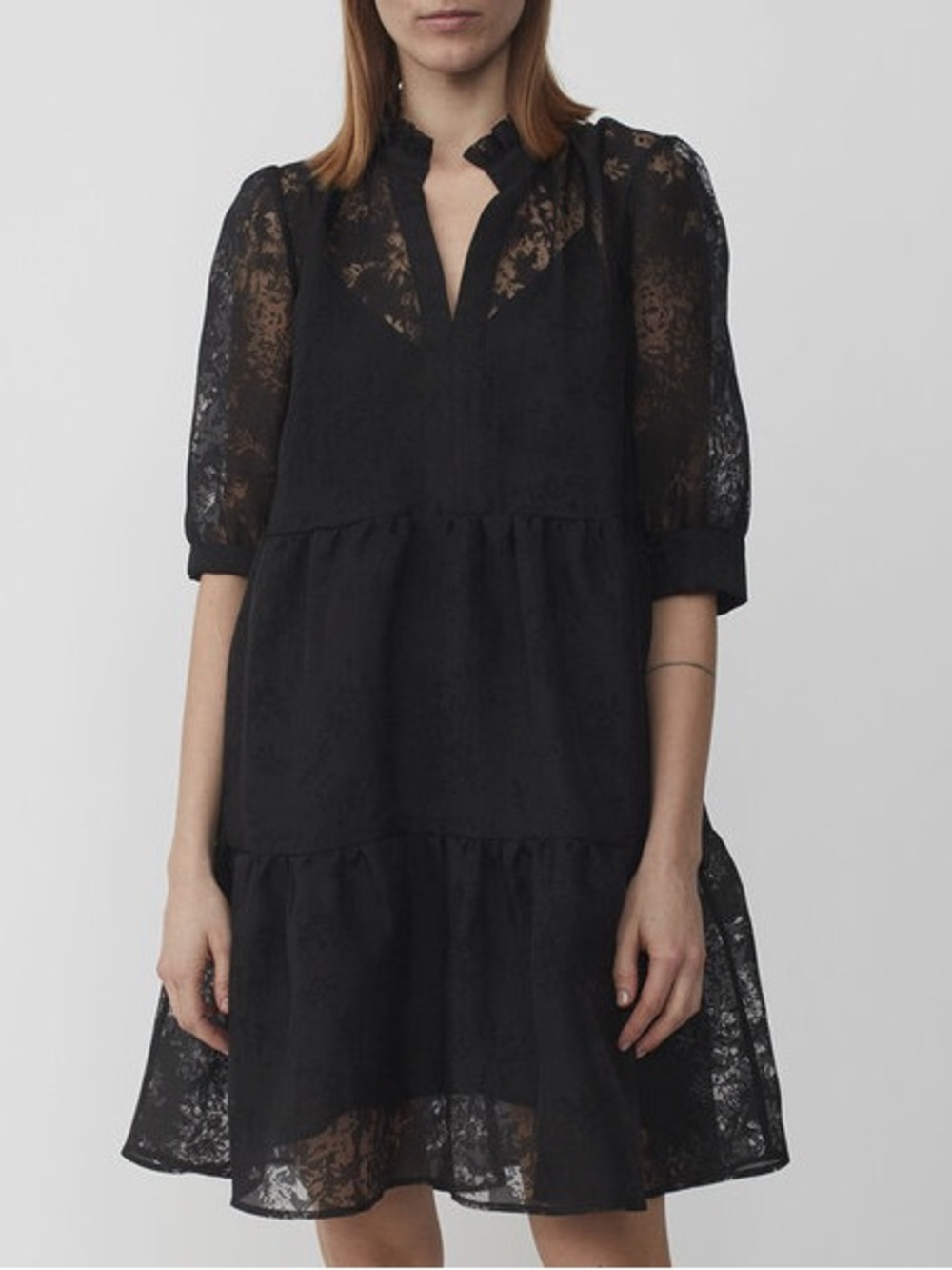 Just Female Black Lace Tiered Midi Dress